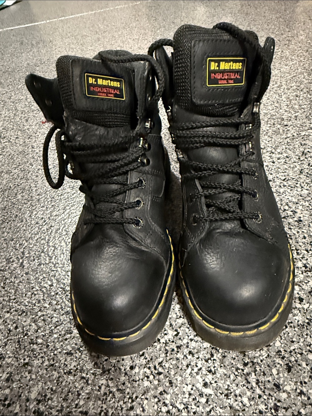 Dr. Martens Black Leather Industrial Lace-Up Boots with Yellow Stitching- Unisex